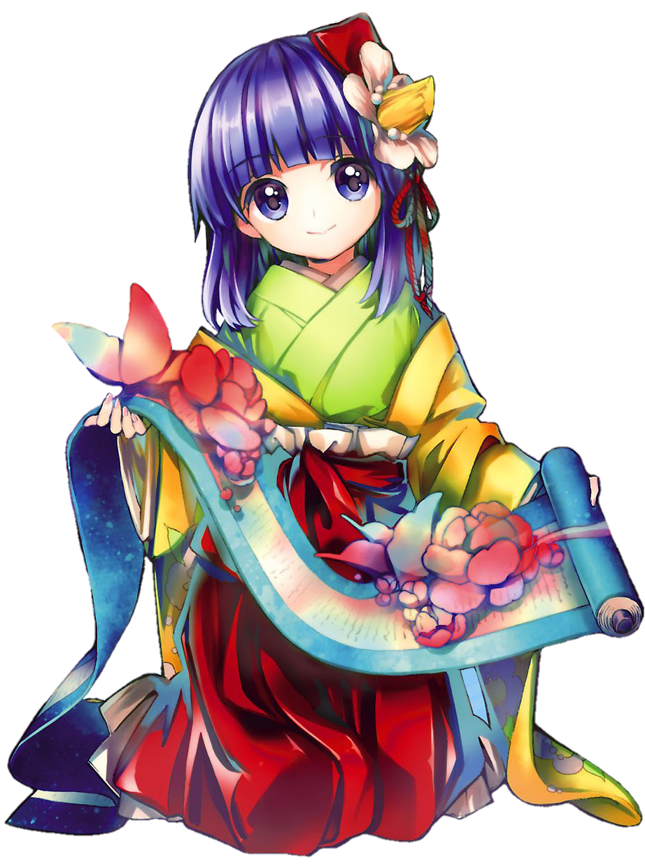 1girl eyebrows_visible_through_hair flower forbidden_scrollery full_body hair_flower hair_ornament harukawa_moe head_tilt hieda_no_akyuu highres japanese_clothes kimono medium_hair obi official_art purple_hair sash scroll sitting smile solo touhou transparent_background violet_eyes