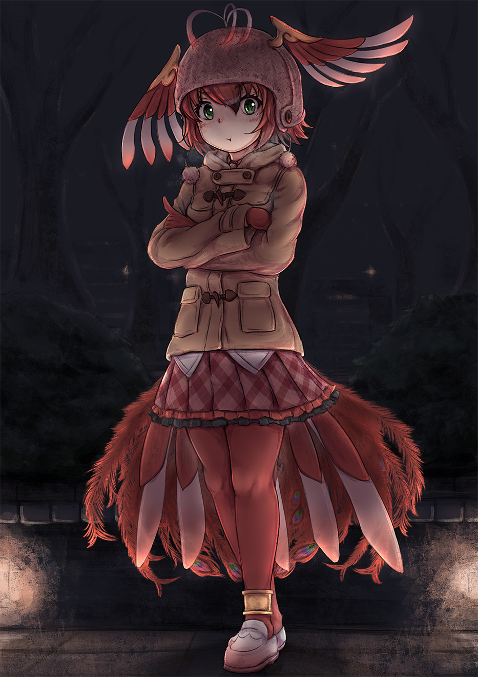 1girl :t alternate_costume bird_tail bird_wings blush breath coat commentary_request crossed_arms eyebrows_visible_through_hair frilled_skirt frills full_body gloves green_eyes hat hat_bobbles head_wings highres kemono_friends okyao pantyhose peacock_feathers plaid plaid_skirt pleated_skirt pout red_feathers red_legwear redhead shoes short_hair skirt sneakers solo suzaku_(kemono_friends) wings winter_clothes winter_coat