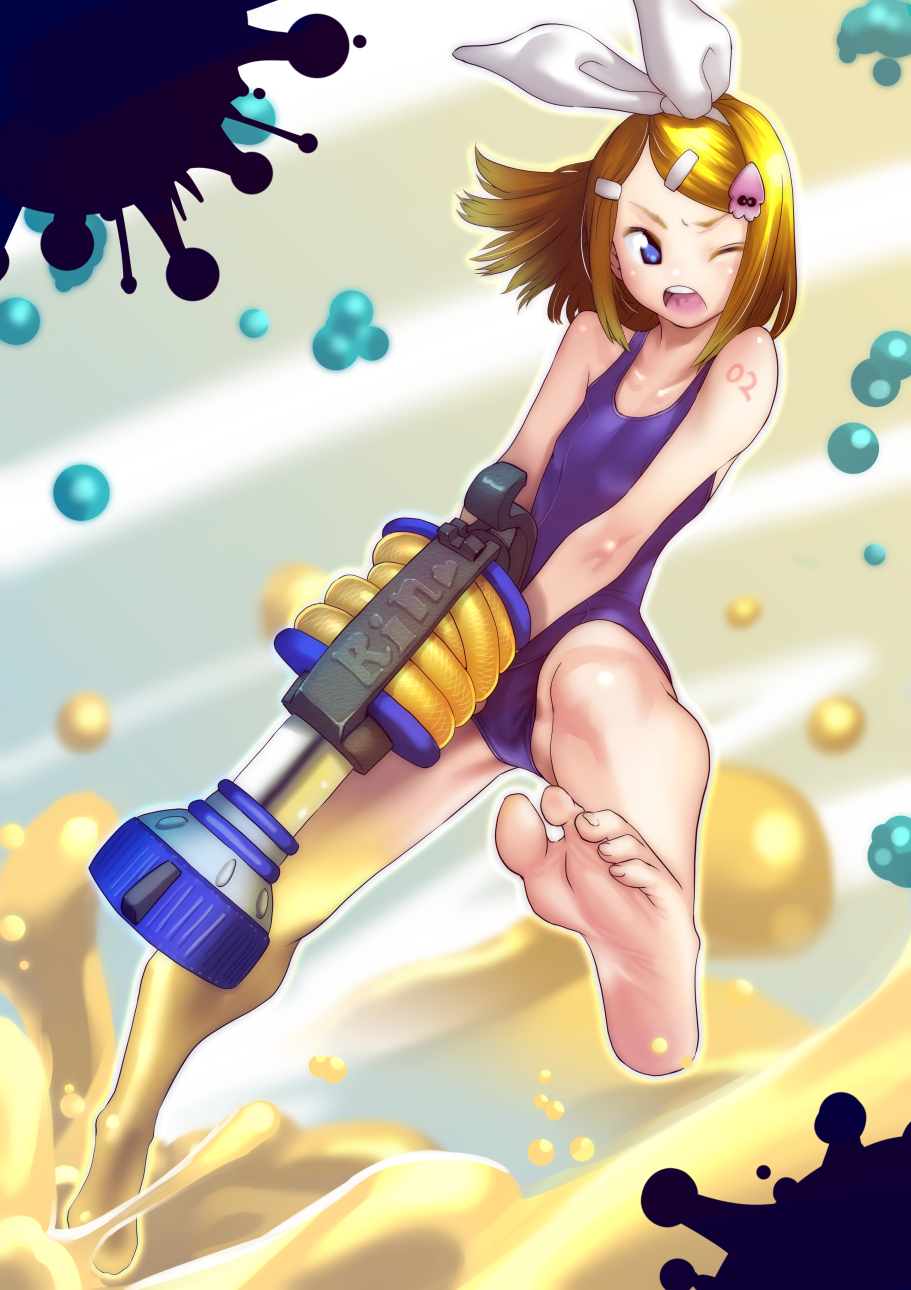 &gt;;o 1girl animal_hair_ornament arm_tattoo bare_arms bare_shoulders barefoot blonde_hair blue_eyes blue_swimsuit collarbone crossover feet flat_chest foreshortening gun h-3_nozzlenose_(splatoon) hair_ornament hairclip highres holding holding_gun holding_weapon kagamine_rin number_tattoo one-piece_swimsuit one_eye_closed open_mouth paint_splatter short_hair soles soon splatoon splatoon_(series) splatoon_2 squid swimsuit tattoo vocaloid weapon