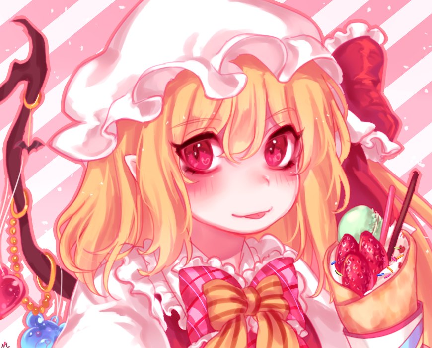 1girl :p bangs blonde_hair blush bow bowtie commentary crepe crystal diagonal-striped_background diagonal_stripes eyebrows_visible_through_hair flandre_scarlet food frilled_bow frilled_ribbon frilled_shirt_collar frills fruit hair_between_eyes hat hat_ribbon long_hair looking_at_viewer macaron mob_cap one_side_up pink_background pink_bow pink_neckwear pink_outline plaid plaid_bow pocky pointy_ears portrait puffy_short_sleeves puffy_sleeves red_eyes red_ribbon red_vest ribbon shan shirt short_sleeves smile solo sprinkles strawberry striped striped_background striped_bow symbol_commentary tongue tongue_out touhou vest white_background white_hat white_shirt wings yellow_bow yellow_neckwear