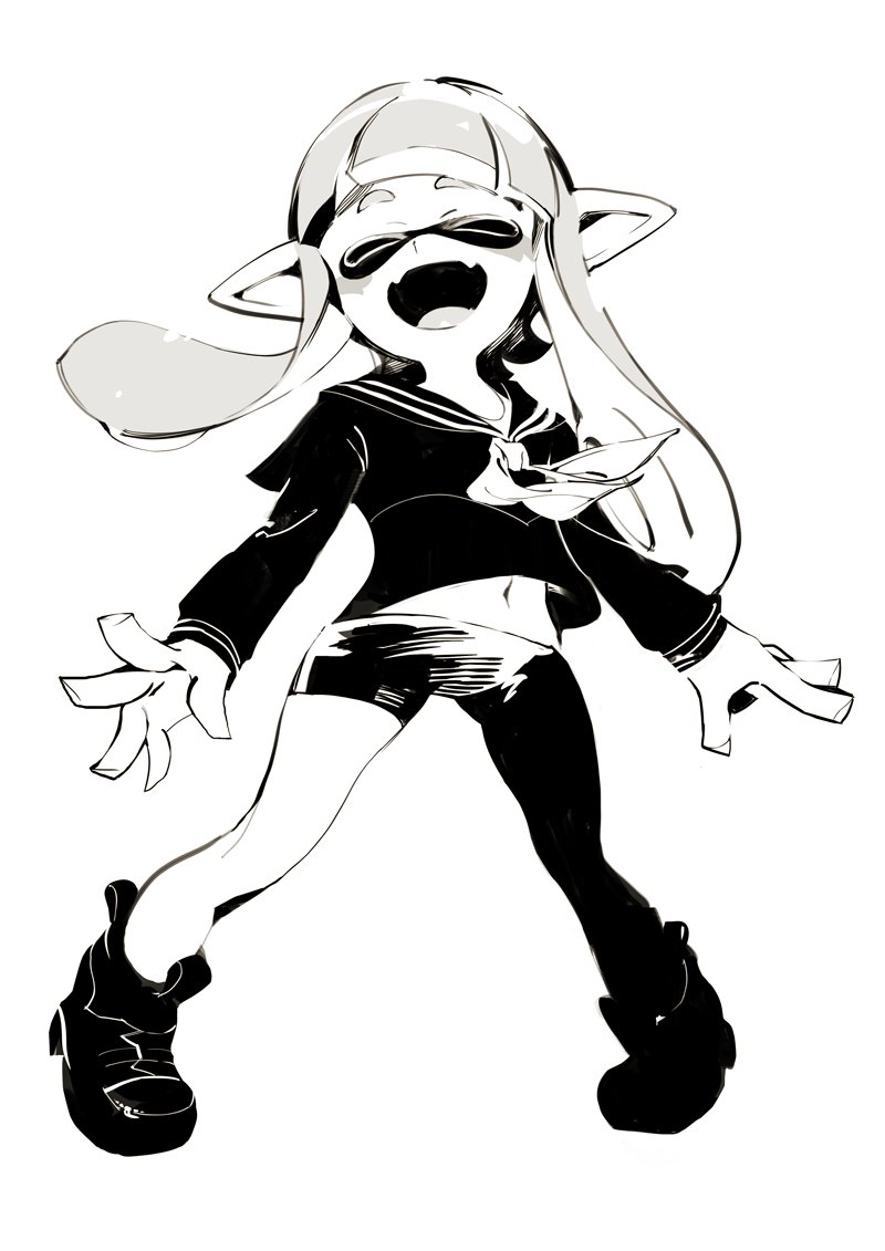 1girl :d asymmetrical_clothes bangs blunt_bangs domino_mask full_body inkling legs_apart long_hair long_sleeves mask navel neckerchief open_mouth pants pigeon-toed pointy_ears sailor_collar school_uniform serafuku shimidu_sp shirt shoes simple_background smile solo splatoon splatoon_(series) splatoon_2 standing tentacle_hair tiptoes white_background