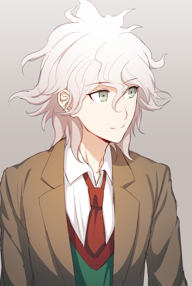 1boy ahoge azami194 brown_jacket closed_mouth commentary_request dangan_ronpa dangan_ronpa_3 eyebrows_visible_through_hair formal green_eyes green_shirt grey_background hair_between_eyes jacket komaeda_nagito looking_to_the_side medium_hair messy_hair necktie open_eyes out_of_frame red_neckwear shirt simple_background smile solo super_dangan_ronpa_2 upper_body white_hair white_shirt