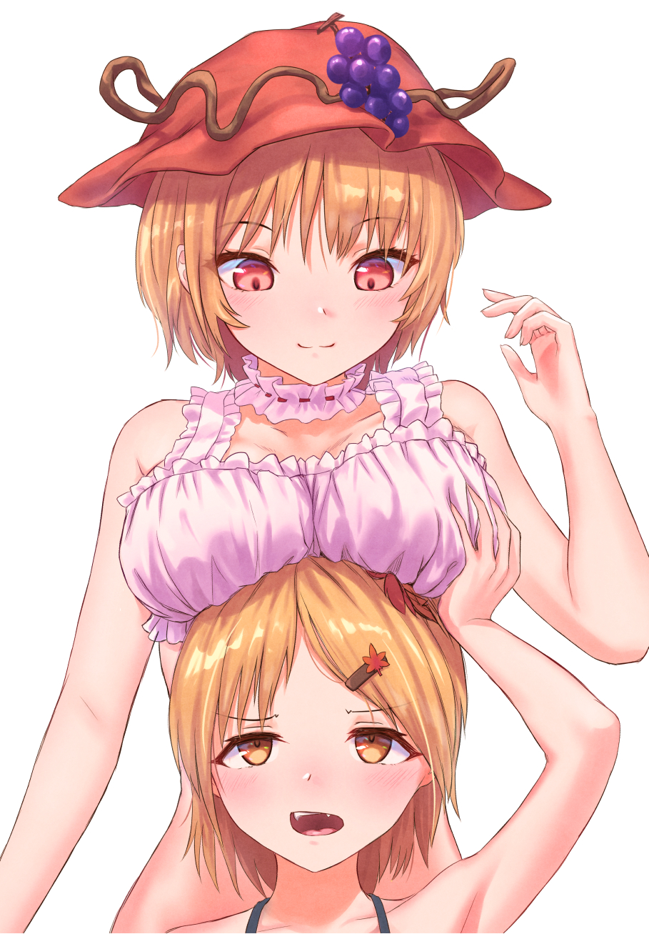 2girls aki_minoriko aki_shizuha arm_up armpits bangs bare_arms bare_shoulders blonde_hair bra breast_grab breast_rest breasts breasts_on_head collar commentary_request eyebrows_visible_through_hair food_themed_hair_ornament frilled_bra frilled_collar frills grabbing grape_hair_ornament hair_ornament hairclip halterneck hand_up hat highres large_breasts looking_at_another looking_down looking_up mob_cap multiple_girls open_mouth pink_bra portrait red_eyes red_hat roke_(taikodon) short_hair siblings simple_background sisters smile touhou underwear upper_body white_background white_collar