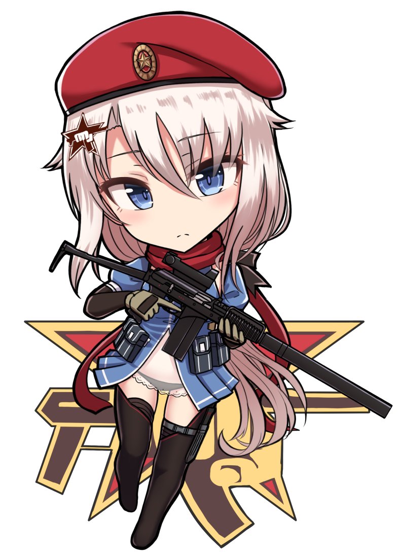 1girl 9a-91 9a-91_(girls_frontline) ammunition_pouch assault_rifle asymmetrical_bangs bangs beige_gloves beret black_footwear black_panties black_ribbon blue_dress blue_eyes boots center_opening chibi closed_mouth commentary_request dress eyebrows_visible_through_hair eyelashes eyes_visible_through_hair frilled_dress frills full_body girls_frontline gun hair_flaps hair_ornament hat holding holding_gun holding_weapon holster knife knife_holster leg_up light_blush light_frown logo long_hair looking_at_viewer microdress panties parted_bangs pleated_dress pouch puffy_short_sleeves puffy_sleeves rabochicken red_scarf red_star ribbon rifle scarf scope see-through short_sleeves solo star star_hair_ornament stomach suppressor thigh-highs thigh_boots thigh_holster trigger_discipline tsurime underwear weapon white_background white_hair