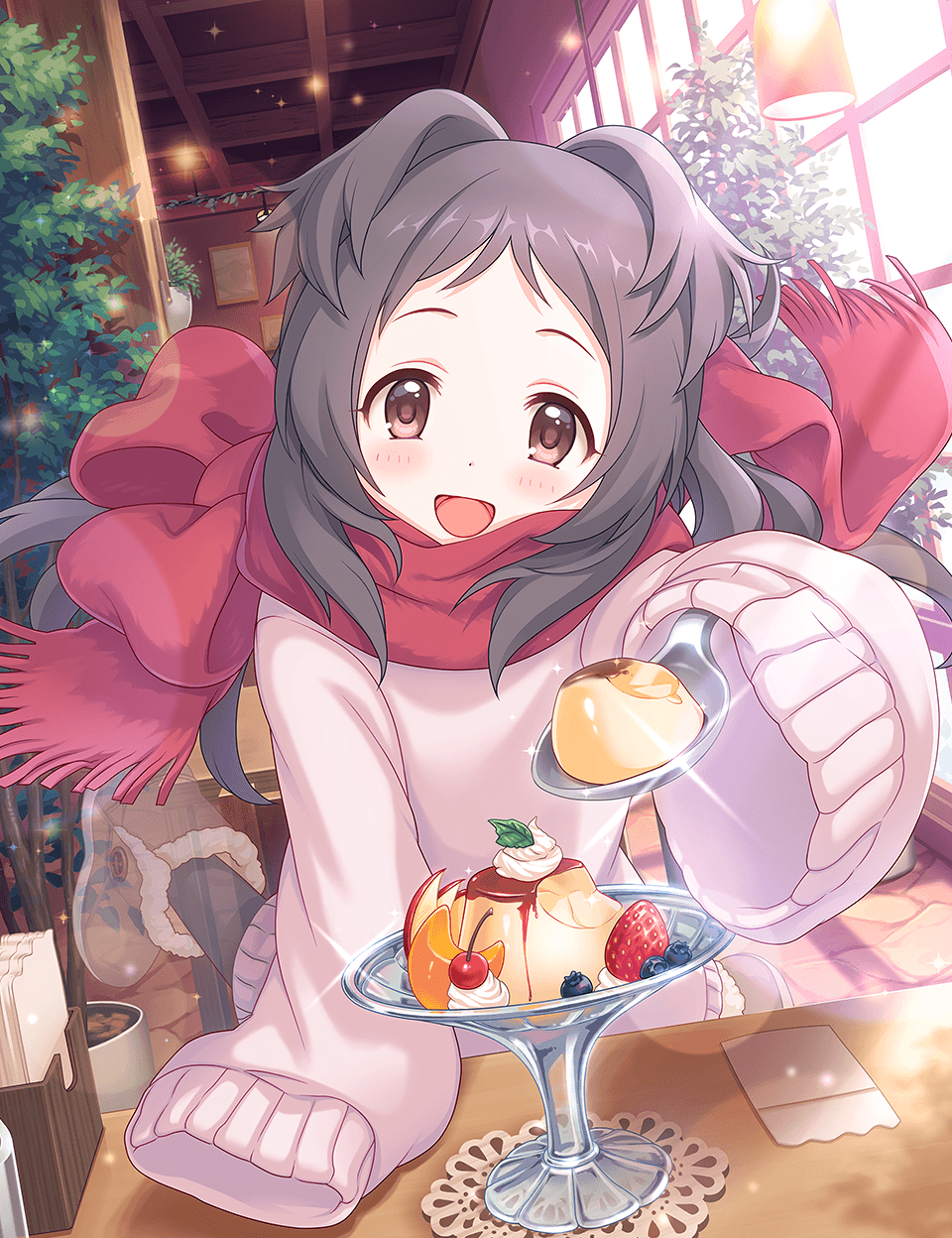 1girl blush boots brown_eyes brown_hair cygames feeding food fruit ghost highres izumo_miyako leg_up lens_flare long_hair looking_at_viewer official_art open_mouth plant pov princess_connect! pudding scarf sleeves_past_wrists solo sparkle spoon table thigh-highs transparent window