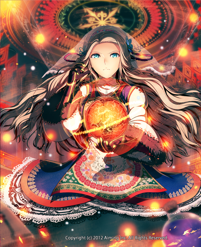 :| blue_eyes brown_gloves closed_mouth company_name dress floral_print flower gloves hair_flower hair_ornament hand_up indoors kyousin light_brown_hair long_hair long_sleeves looking_at_viewer lord_of_knights official_art orb potion veil very_long_hair watermark wide_sleeves