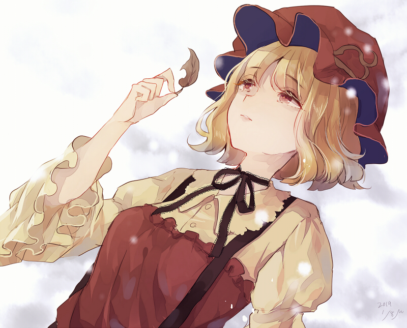1girl aki_minoriko arm_up black_neckwear blonde_hair dated dress expressionless eyebrows_visible_through_hair eyes_visible_through_hair hat holding holding_leaf juliet_sleeves layered_dress leaf long_sleeves looking_up lying m_(neteitai10) mob_cap neck_ribbon on_back on_ground puffy_sleeves red_eyes ribbon short_hair sketch snow snowing solo suspenders touhou upper_body