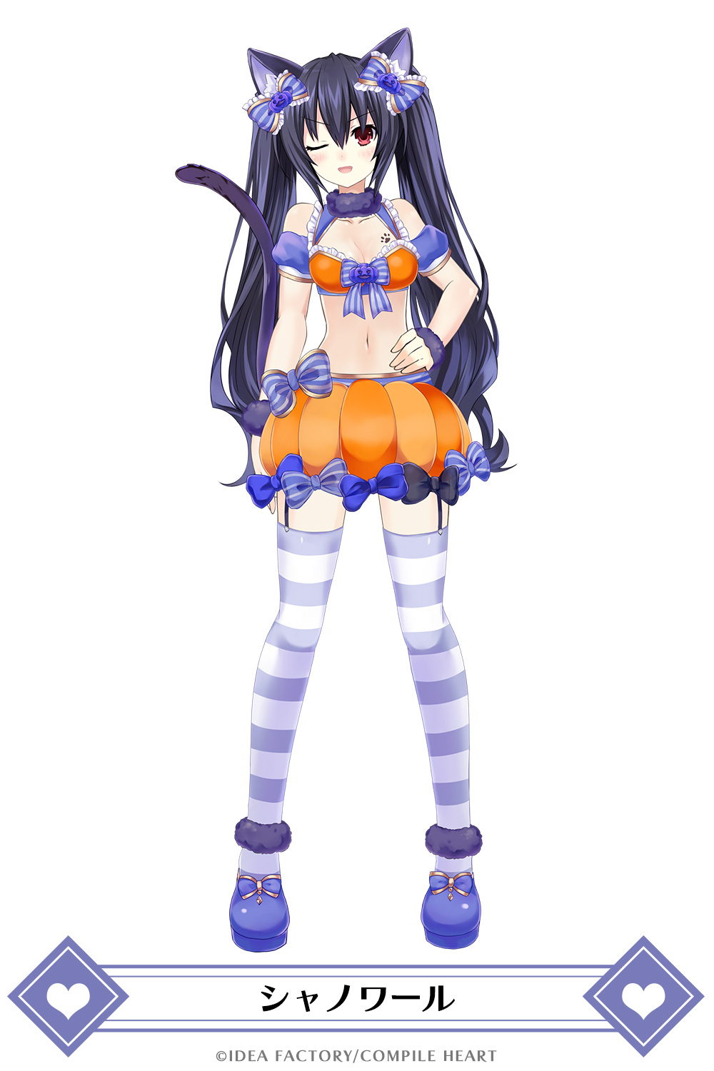 1girl ;d animal_ears bare_shoulders black_hair blush bow bowtie breasts cat_ears cat_tail cleavage company_name crop_top full_body garter_straps hair_between_eyes hair_bow halloween_costume hand_on_hip highres long_hair mainichi_compile_heart medium_breasts midriff navel neptune_(series) noire official_art one_eye_closed open_mouth orange_skirt paws pumpkin_skirt red_eyes skirt smile solo striped striped_legwear tail thigh-highs translation_request tsunako twintails very_long_hair