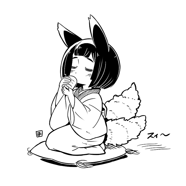 1girl animal_ears bangs black_hair bob_cut closed_eyes cup cushion drinking fox_ears fox_girl fox_tail full_body holding holding_cup japanese_clothes kimono kukuri_(mawaru) long_sleeves mawaru_(mawaru) monochrome original short_hair simple_background solo tail white_background white_kimono