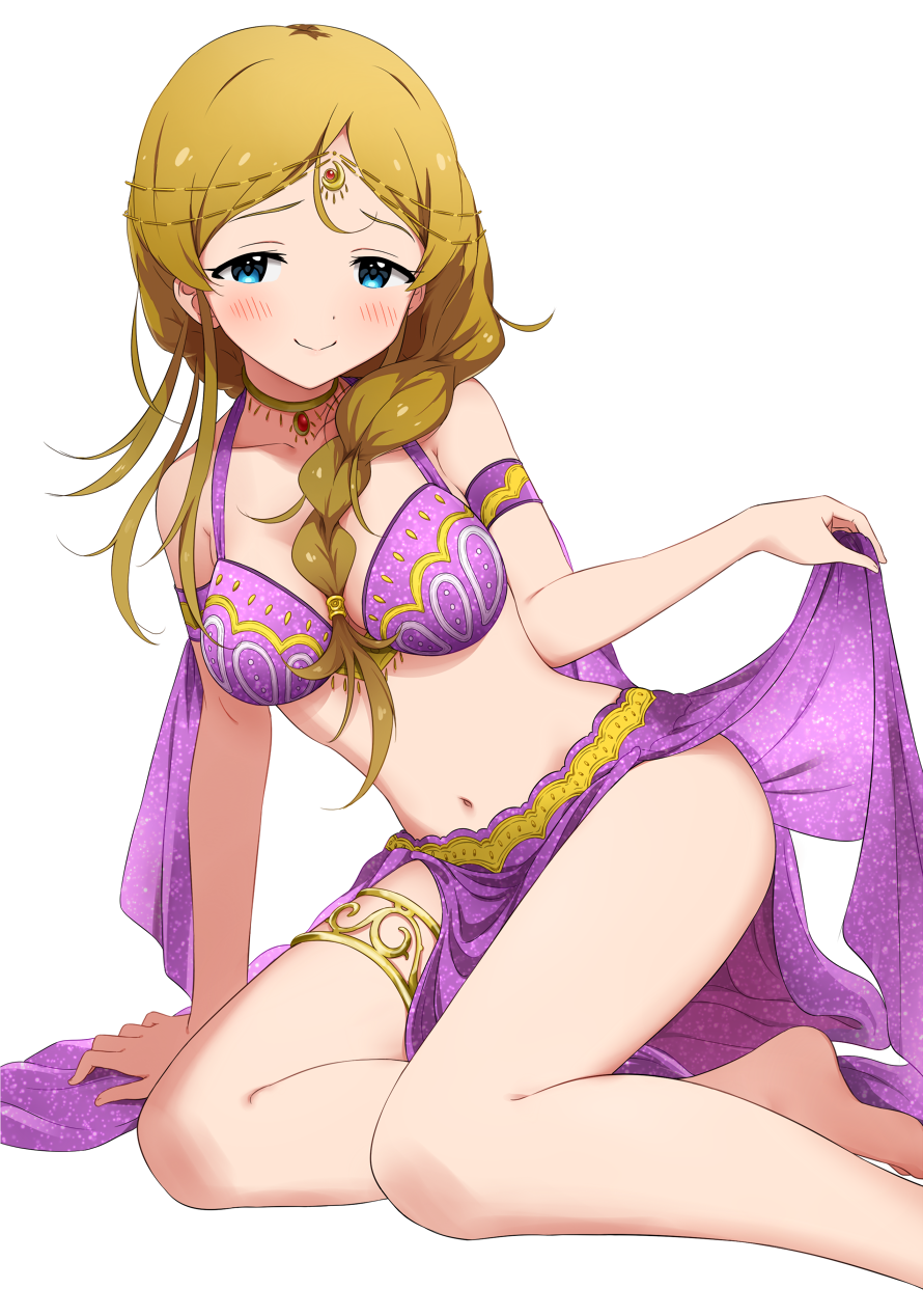 1girl arm_support armlet blush bra braided_ponytail breasts collarbone dancer dani-ikapi forehead_jewel hair_between_breasts harem_outfit headwear highres holding_clothes idolmaster idolmaster_million_live! idolmaster_million_live!_theater_days kneeling light_brown_hair looking_at_viewer medium_breasts midriff multicolored multicolored_bra multicolored_clothes navel pelvic_curtain purple_bikini_top purple_bra purple_shawl revealing_clothes shinomiya_karen simple_background smile thigh_strap thighs underwear white_background