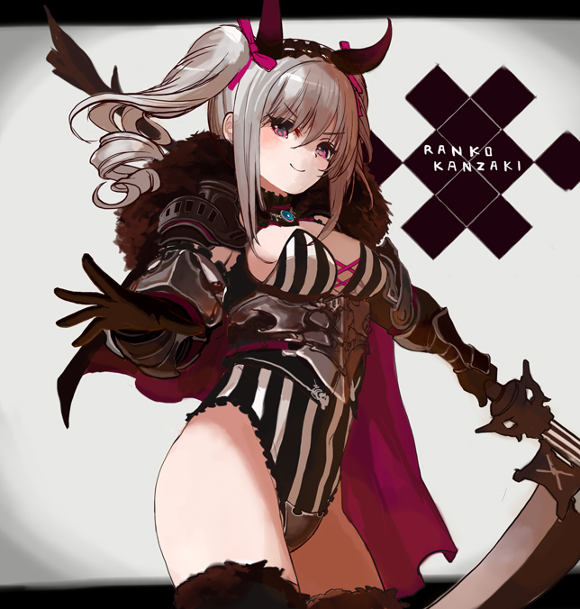 armor armored_dress black_legwear capelet character_name drill_hair eyebrows_visible_through_hair gloves hair_ornament horns idolmaster idolmaster_cinderella_girls jewelry kanzaki_ranko kiichi_(65235736) leotard looking_at_viewer looking_down necklace pantyhose scythe silver_hair simple_background smile striped twin_drills twintails violet_eyes weapon