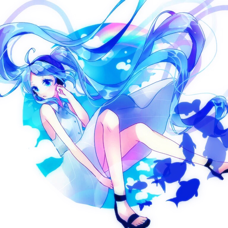 1girl :o arm_at_side bare_arms bare_legs bare_shoulders blue blue_eyes blue_sky clouds cloudy_sky crying crying_with_eyes_open day dress dress_lift expressionless fish floating floating_hair full_body hand_on_own_cheek hatsune_miku long_hair looking_away rainbow sandals simple_background sky sleeveless sleeveless_dress solo tears twintails very_long_hair vocaloid white_background white_dress wind wind_lift