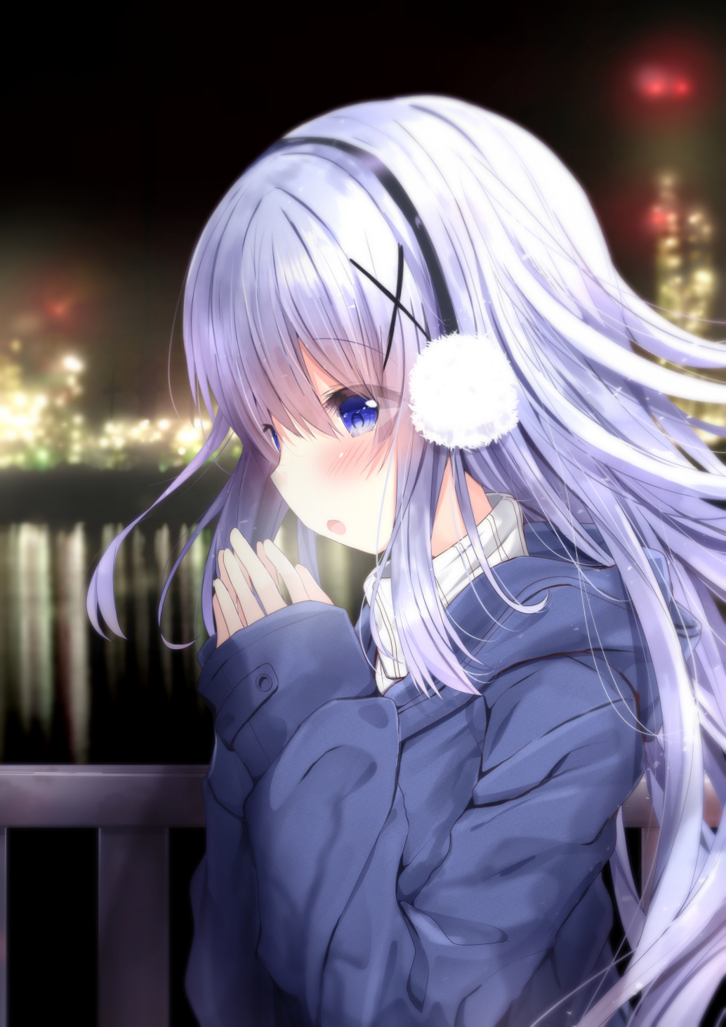 1girl :o bangs blue_eyes blue_hair blue_jacket blurry blurry_background blush breathing_on_hands building commentary_request depth_of_field earmuffs eyebrows_visible_through_hair gochuumon_wa_usagi_desu_ka? hair_between_eyes hair_ornament hands_up highres hood hood_down hooded_jacket jacket kafuu_chino kouda_suzu long_hair long_sleeves night night_sky outdoors own_hands_together parted_lips railing ribbed_sweater sky skyscraper sleeves_past_wrists solo sweater turtleneck turtleneck_sweater very_long_hair white_sweater winter x_hair_ornament