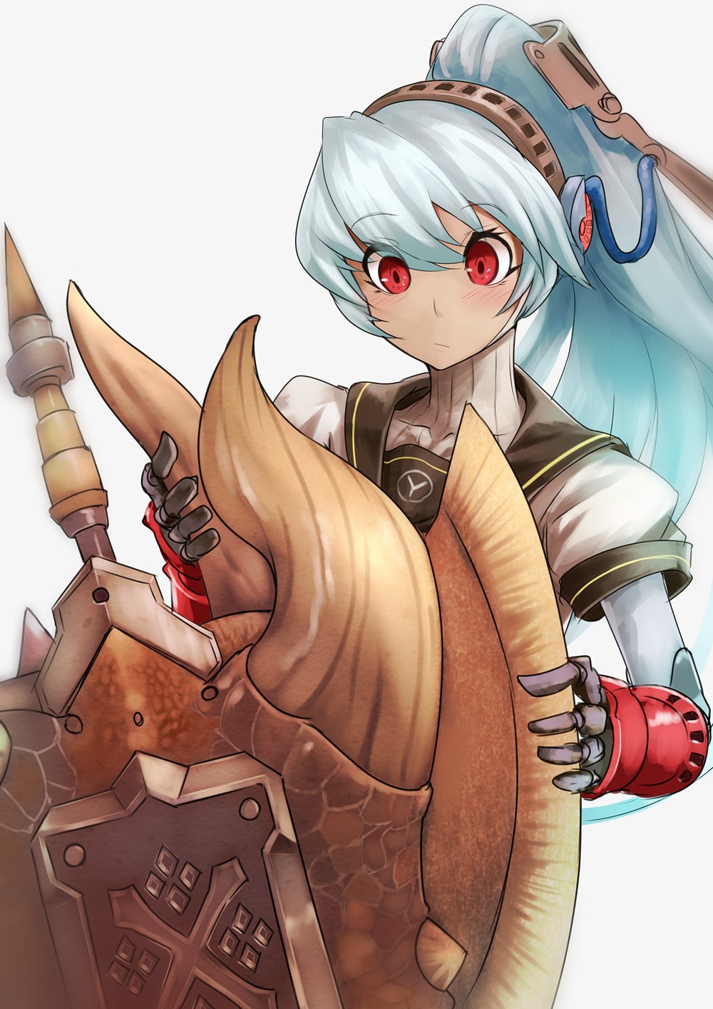 1girl android blue_hair blush cable charge_blade highres labrys monster_hunter persona persona_4:_the_ultimate_in_mayonaka_arena ponytail red_eyes school_uniform shield sowel_(sk3) sword trait_connection weapon
