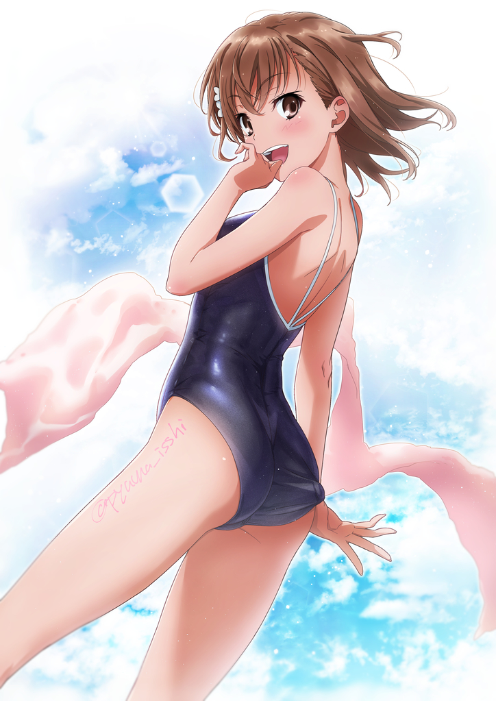1girl adjusting_clothes adjusting_swimsuit ass bare_shoulders blue_sky blue_swimsuit blush breasts brown_eyes brown_hair clouds commentary_request day eyebrows_visible_through_hair from_behind hair_ornament looking_at_viewer looking_back misaka_mikoto one-piece_swimsuit open_mouth outdoors puma_(hyuma1219) school_swimsuit shiny shiny_skin short_hair sky small_breasts smile solo spiky_hair standing swimsuit teeth to_aru_majutsu_no_index towel
