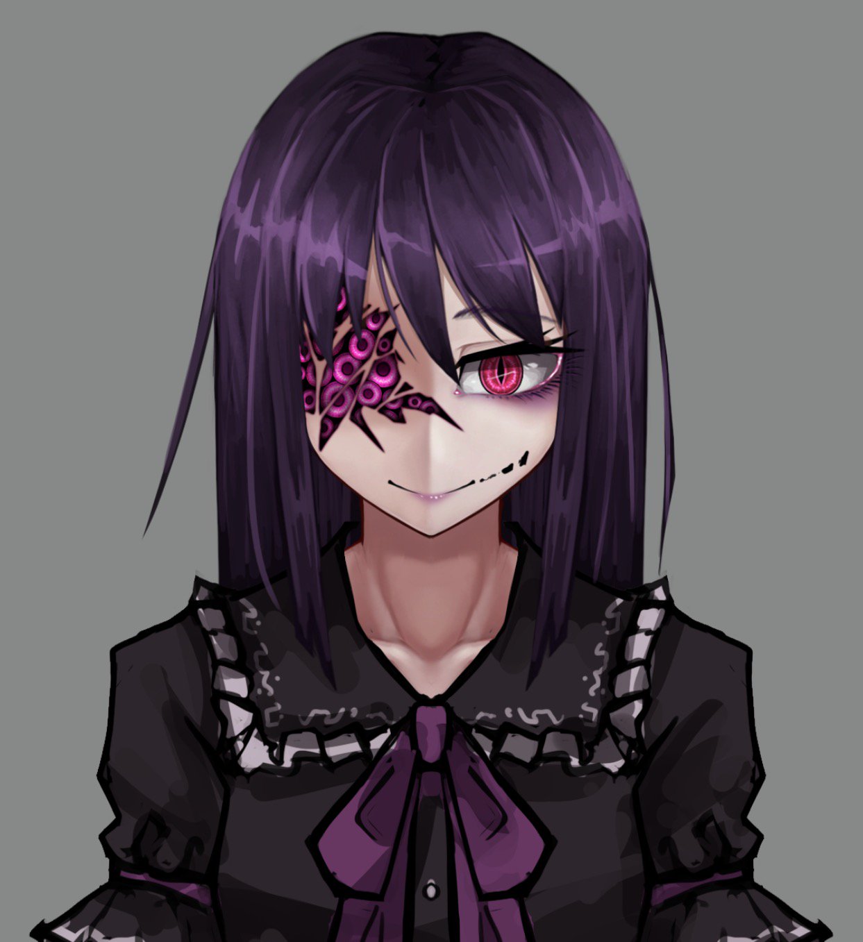 1girl ageha_(ray-k) bangs black_dress butterfly_affection closed_mouth dress extra_eyes eyeshadow grey_background hair_between_eyes highres long_hair makeup monster_girl neck_ribbon purple_hair purple_lips purple_neckwear purple_ribbon ray-k red_eyes ribbon simple_background slit_pupils smile solo upper_body