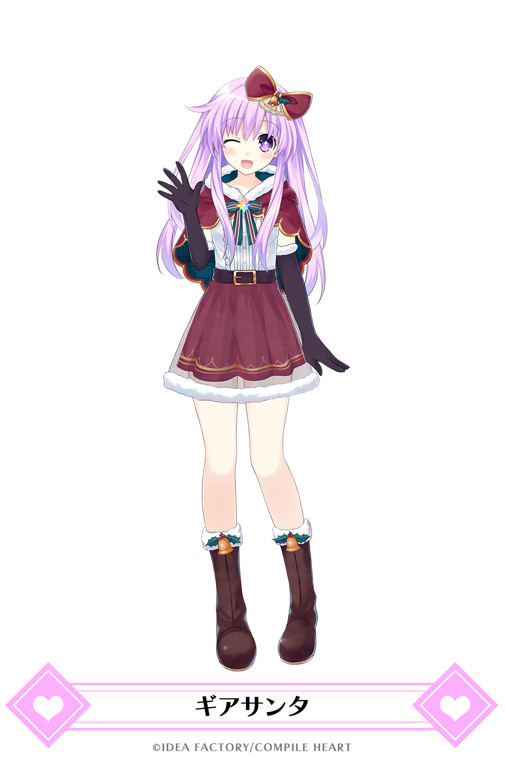 +_+ 1girl ;d bell belt blouse blush boots bow brown_footwear capelet christmas company_name elbow_gloves fur-trimmed_capelet fur-trimmed_gloves fur-trimmed_skirt fur_trim gloves hair_bow highres looking_at_viewer mainichi_compile_heart nepgear neptune_(series) official_art one_eye_closed open_mouth purple_hair red_skirt see-through skirt smile solo symbol-shaped_pupils translated tsunako violet_eyes waving white_blouse