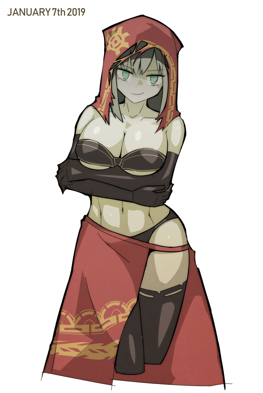 1girl arms_under_breasts bare_chest bare_shoulders black_bra black_gloves black_legwear black_panties bra breasts cleavage collarbone commentary_request dark_souls dated desert_sorceress detached_hood dot_nose elbow_gloves eyebrows_visible_through_hair gloves green_eyes green_hair highres hood large_breasts looking_at_viewer navel no_feet panties red_hood red_skirt ryuukotsu simple_background skirt smile solo souls_(from_software) standing strapless strapless_bra thigh-highs underwear white_background