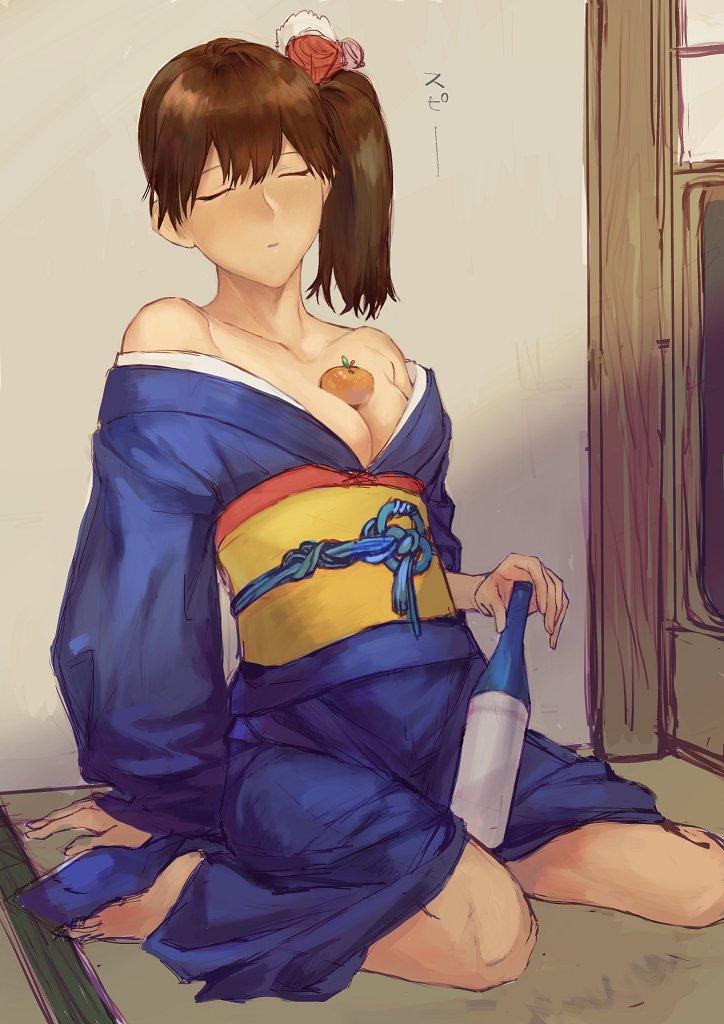 1girl bare_shoulders between_breasts blush bottle breasts brown_hair cleavage closed_eyes drunk flower food fruit fukazaki hair_flower hair_ornament japanese_clothes kaga_(kantai_collection) kantai_collection kimono mandarin_orange medium_breasts obi off_shoulder sake_bottle sash side_ponytail sitting solo