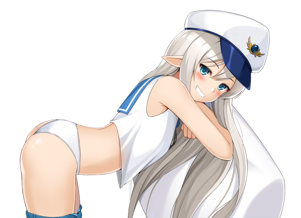 1girl ass blue_eyes blush commentary_request dungeon_and_fighter hat korean_commentary leaning_forward long_hair looking_at_viewer maemi_(maemi12) panties pants_down pointy_ears sailor_collar silver_hair sleeveless smile underwear white_background white_panties