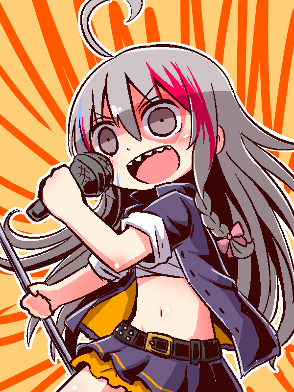 1girl :d ahoge bangs belt belt_buckle black_belt blue_jacket blue_skirt braid brown_eyes buckle eyebrows_visible_through_hair grey_hair hair_between_eyes holding holding_microphone hoshi_shouko idolmaster idolmaster_cinderella_girls jacket long_hair microphone multicolored_hair naga_u navel open_clothes open_jacket open_mouth orange_background redhead sharp_teeth side_braid single_braid skirt smile solo streaked_hair teeth v-shaped_eyebrows very_long_hair