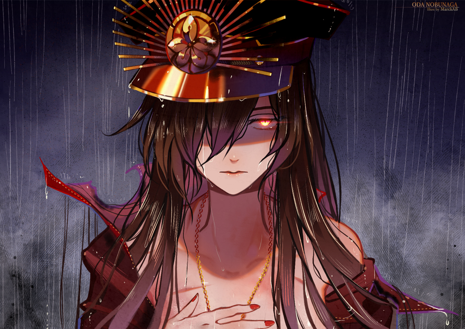 1girl artist_name brown_hair character_name coat collarbone commentary_request fate/grand_order fate_(series) glowing glowing_eyes grey_background hair_over_one_eye hand_on_own_chest hat jacket jacket_on_shoulders jewelry lipstick long_hair makeup marchab_66 necklace oda_nobunaga_(fate) oda_uri open_clothes open_jacket peaked_cap rain solo wet wet_hair yellow_eyes