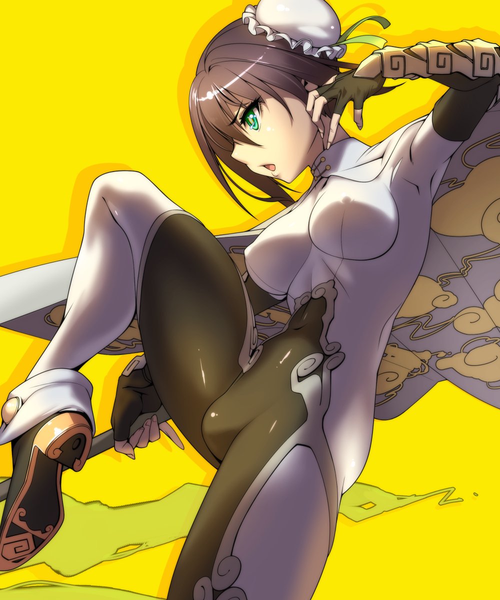 1girl ankle_boots arm_up boots breasts bun_cover cape commentary_request covered_navel double_bun erect_nipples fat_mons fate/grand_order fate_(series) fighting_stance fingerless_gloves from_side gloves green_eyes highres leg_lift medium_breasts open_mouth pinky_out polearm qin_liangyu_(fate) short_hair skin_tight spear standing standing_on_one_leg thighs tomoyuki_kotani weapon yellow_background