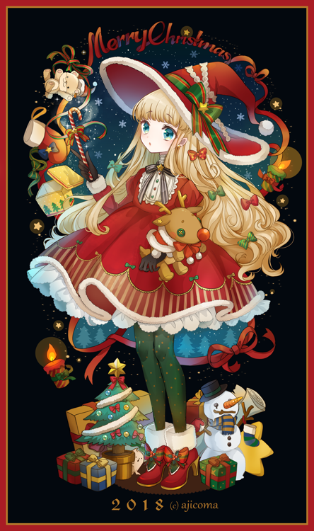 1girl 2018 ajicoma aqua_eyes artist_name black_background black_gloves black_hat blonde_hair bow candle candy candy_cane christmas christmas_stocking christmas_tree dated dress food full_body gift gloves green_bow green_legwear hair_bow hat hat_bow high_heels holding holding_stuffed_animal long_hair long_sleeves merry_christmas original pantyhose plant potted_plant red_bow red_dress red_footwear red_hat reindeer simple_background snowflakes snowman star stuffed_animal stuffed_reindeer stuffed_toy teddy_bear tree_print very_long_hair witch witch_hat