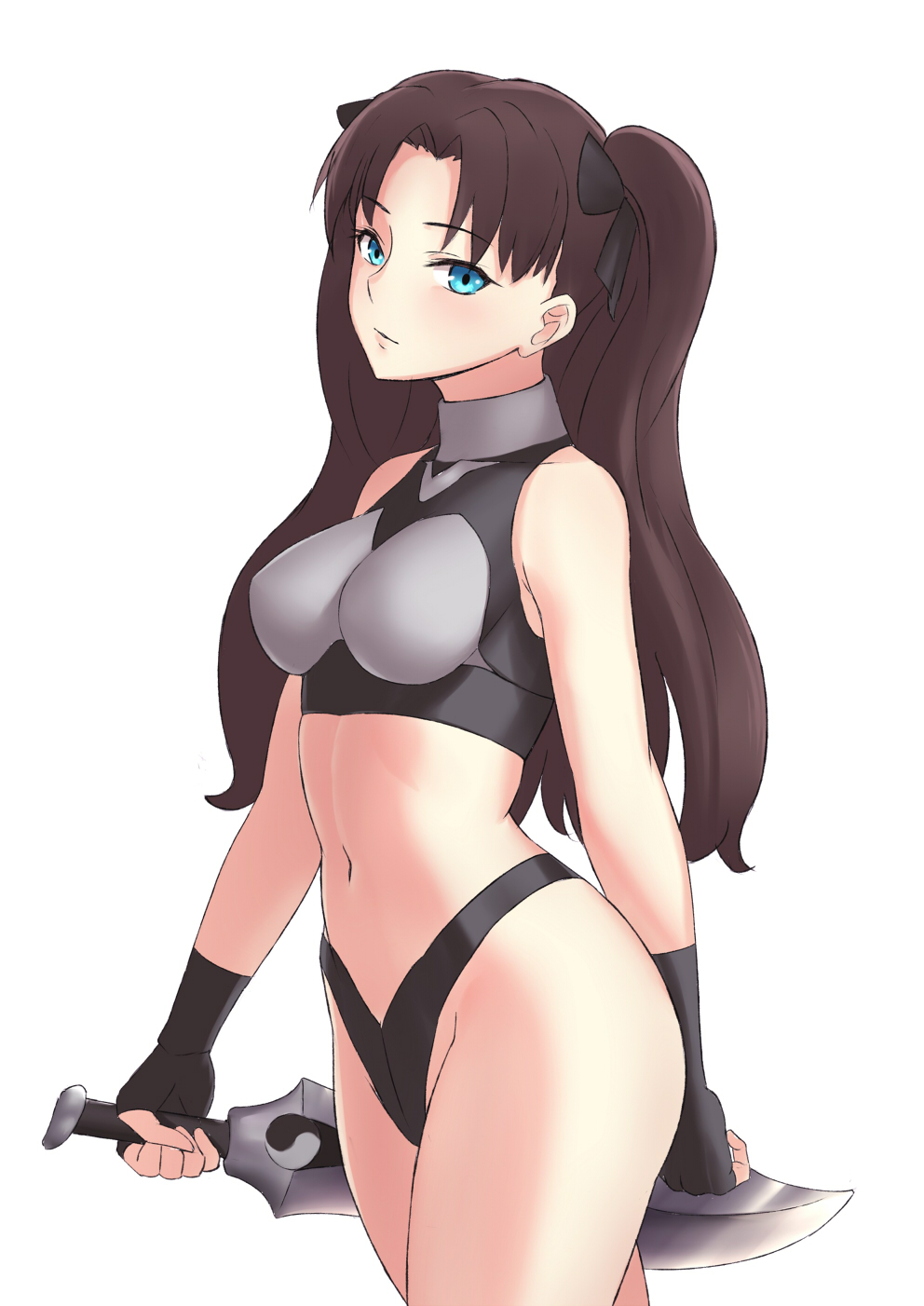 1girl alternate_costume arm_behind_back bangs bare_shoulders black_bow black_gloves blue_eyes blush bow breasts closed_mouth commentary_request cowboy_shot crop_top eyebrows_visible_through_hair fate/stay_night fate_(series) fingerless_gloves gloves groin hair_bow head_tilt highres holding holding_sword holding_weapon impossible_clothes looking_at_viewer medium_breasts navel parted_bangs simple_background sleeveless solo stomach sword thighs tohsaka_rin twintails vanquice weapon white_background