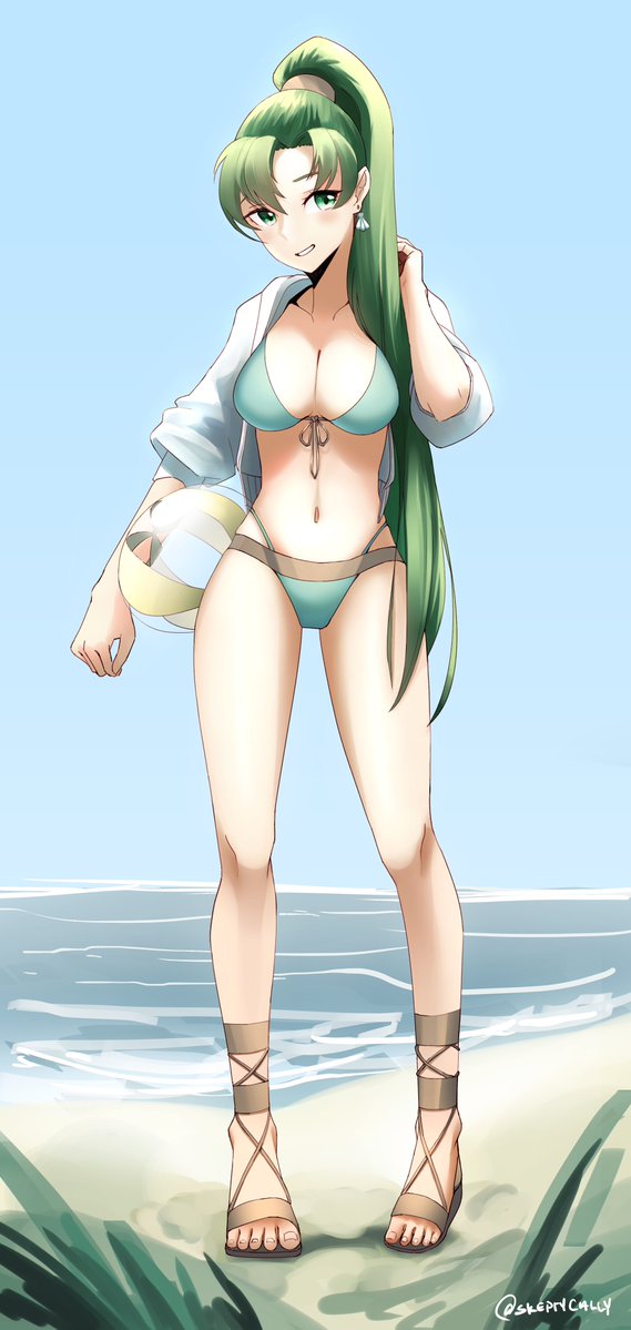 1girl ball bangs beach beachball bikini blue_bikini blue_sky blush breasts cleavage collarbone commentary_request cute day earrings eyebrows fire_emblem fire_emblem:_rekka_no_ken fire_emblem_heroes full_body green_eyes green_hair intelligent_systems jewelry long_hair long_ponytail looking_at_viewer lyndis_(fire_emblem) medium_breasts navel nintendo ocean parted_lips ponytail seashell_earrings skeptycally sky solo standing swimsuit toes twitter_username water