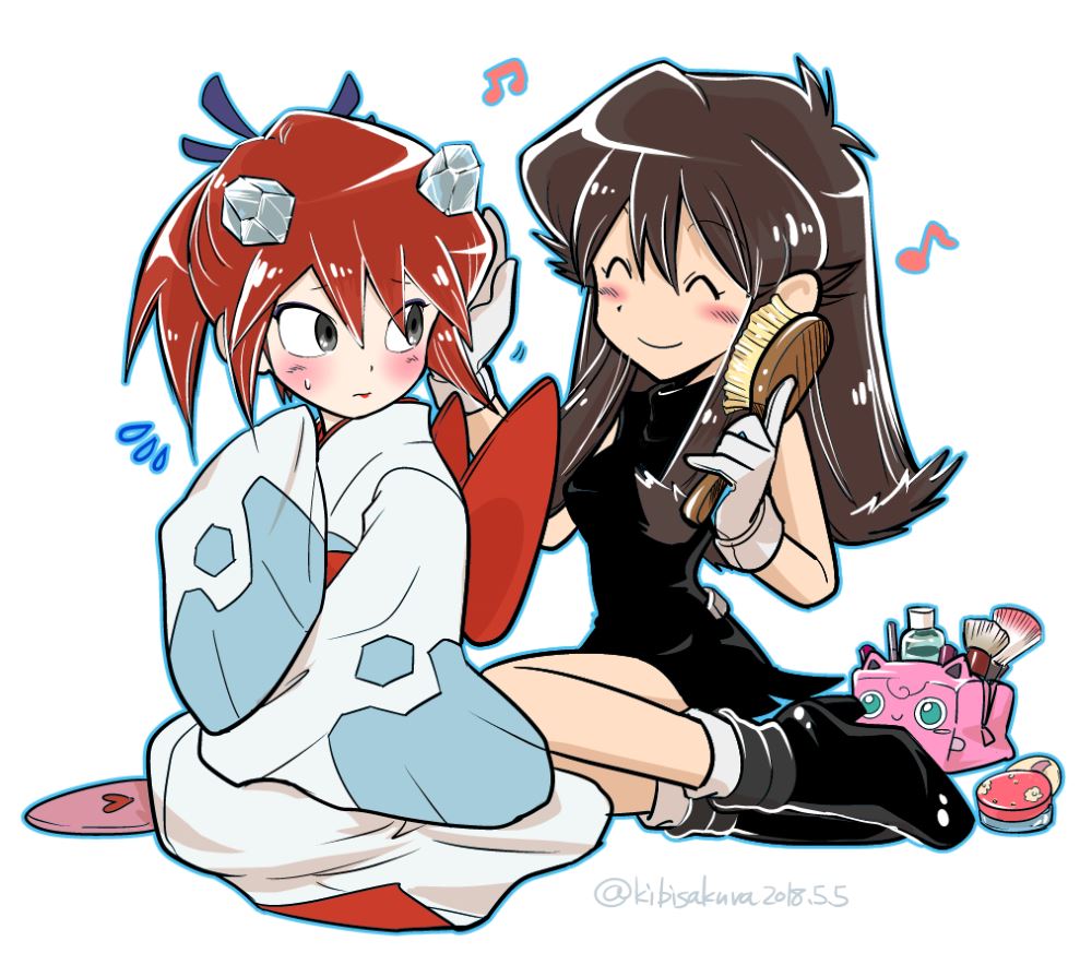 1boy 1girl ^_^ black_dress blue_(pokemon) blush breasts brown_hair closed_eyes closed_eyes closed_mouth cosplay creatures_(company) crossdressinging dress froslass froslass_(cosplay) game_freak gen_1_pokemon gen_4_pokemon grey_eyes hair_brush hairdressing holding_brush jigglypuff kibisakura long_hair looking_at_another medium_breasts nintendo pokemon pokemon_special redhead short_dress silver_(pokemon) simple_background sleeves_past_wrists smile tied_hair white_background