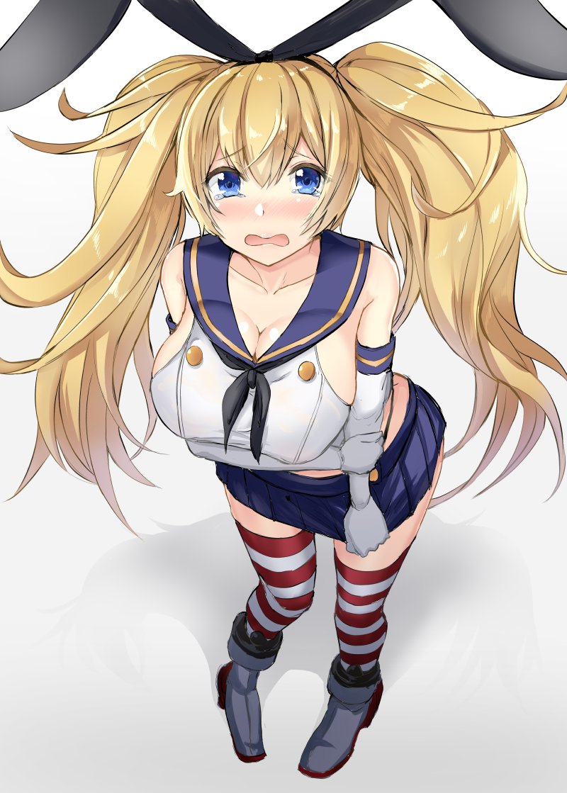 1girl bare_shoulders blonde_hair blue_eyes blush breasts bunny_hair_ornament cleavage cosplay crying dress full_body gambier_bay_(kantai_collection) gin'ichi_(akacia) hair_ornament hair_ribbon kantai_collection large_breasts long_hair looking_at_viewer open_mouth ribbon sailor_dress shimakaze_(kantai_collection) shimakaze_(kantai_collection)_(cosplay) skirt socks solo standing tears thigh-highs twintails