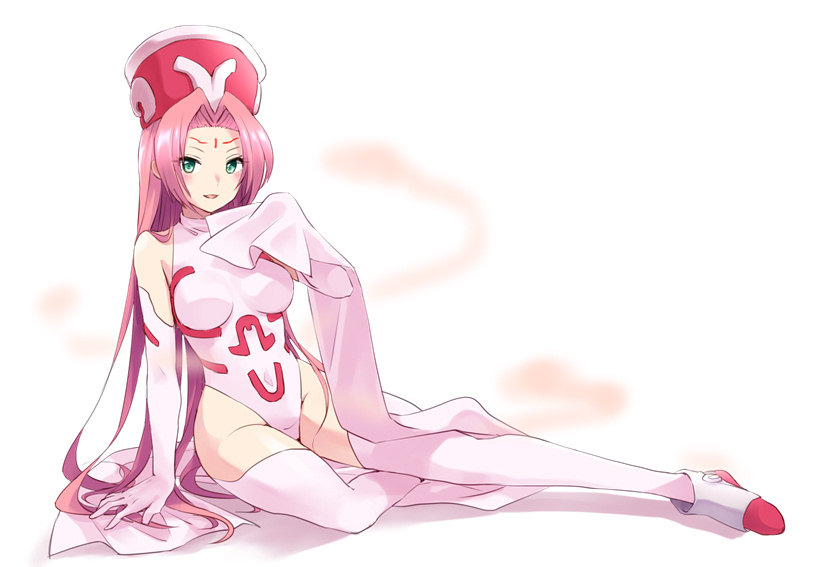 00tea 1girl arm_support bare_shoulders blush breasts elbow_gloves facial_mark forehead_mark gloves green_eyes hat highleg highleg_leotard houshin_engi leotard long_hair looking_at_viewer medium_breasts open_mouth pink_hair shawl simple_background smile so_dakki solo thigh-highs very_long_hair white_background white_legwear