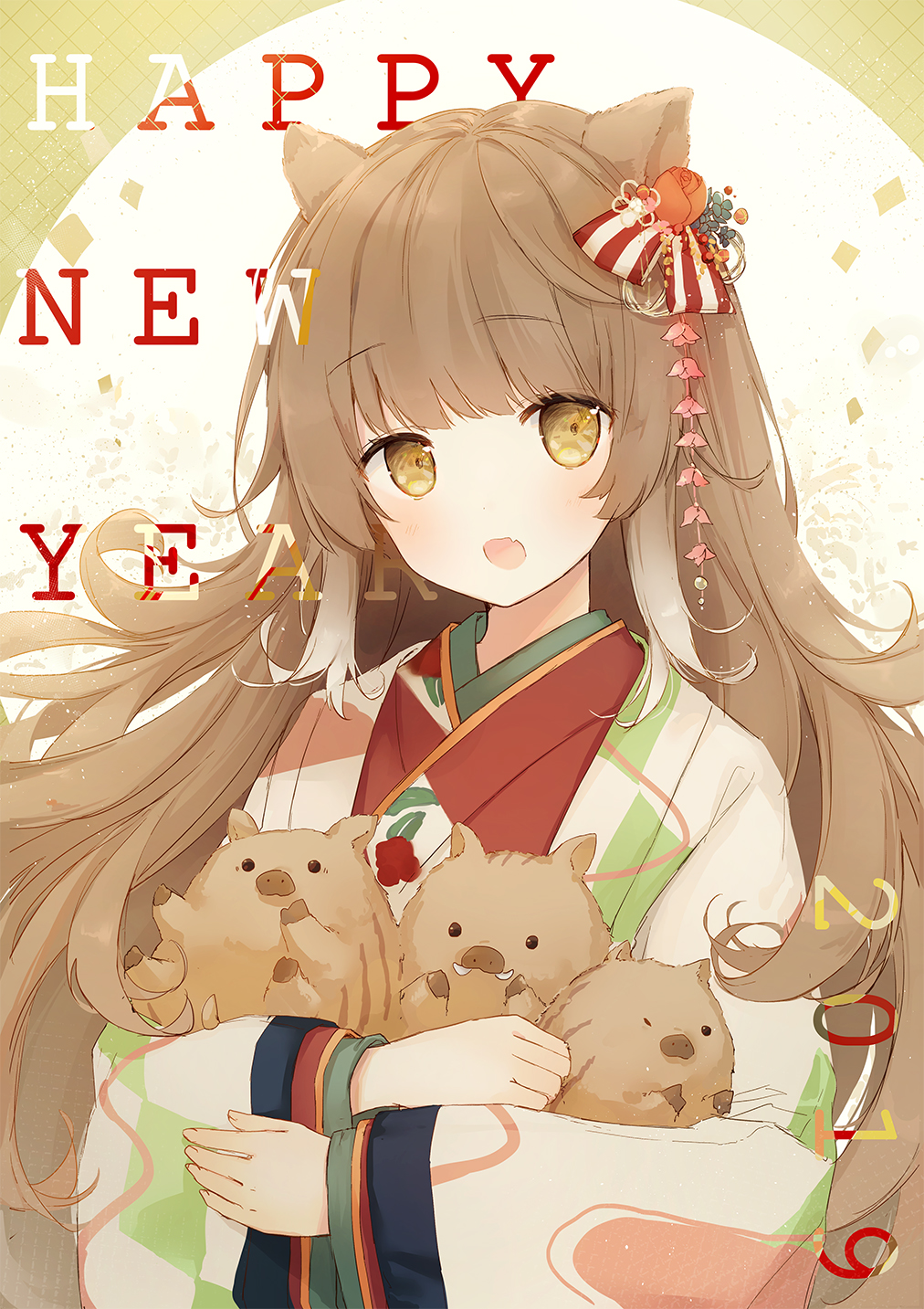 1girl 2019 :d animal animal_ears animal_hug blue_flower boar brown_eyes brown_hair chinese_zodiac commentary_request fang flower hair_flower hair_ornament haori happy_new_year highres japanese_clothes kimono long_hair long_sleeves looking_at_viewer new_year open_mouth original red_flower red_kimono smile solo suzumori_uina upper_body very_long_hair wide_sleeves year_of_the_pig