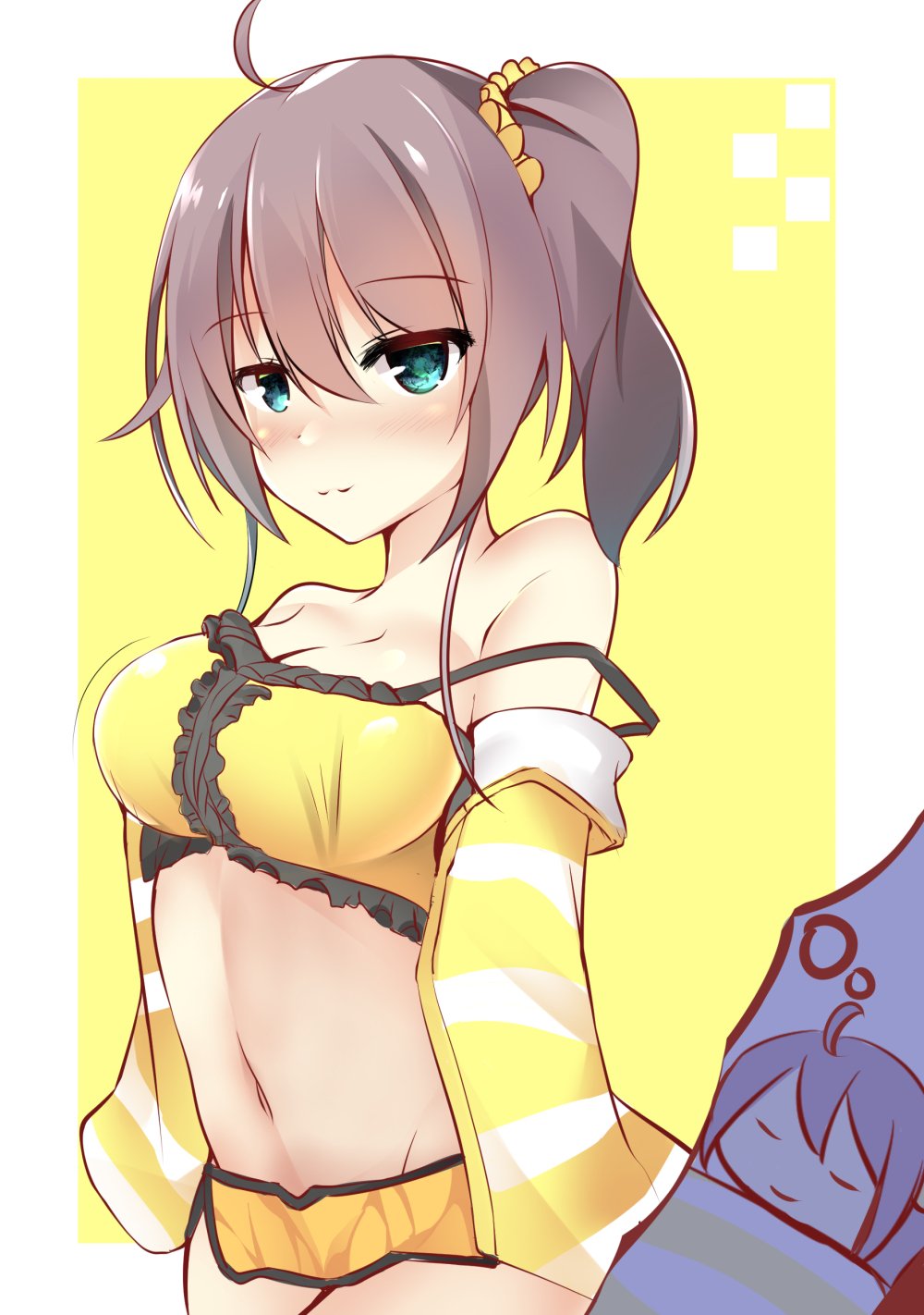 1girl ahoge alternate_breast_size bare_shoulders blue_eyes blush bra breasts brown_hair chibi cleavage closed_eyes collarbone commentary_request dreaming groin highres hololive jacket looking_at_viewer medium_breasts natsuiro_matsuri navel short_shorts shorts side_ponytail smile solo underwear virtual_youtuber zatu