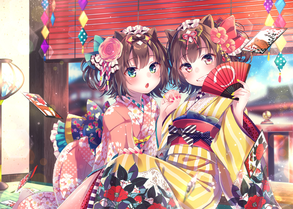 2girls bangs blinds blue_sky blurry blurry_background blush brown_eyes brown_hair brown_kimono clouds commentary_request day depth_of_field eyebrows_visible_through_hair fan fingernails floral_print flower folding_fan green_eyes grin hair_flower hair_ornament hand_holding holding holding_fan indoors interlocked_fingers japanese_clothes kimono long_sleeves looking_at_viewer multiple_girls nail_polish nemuri_nemu obi original parted_lips pink_flower pink_rose print_kimono red_flower red_nails rose sash siblings sisters sky smile striped vertical-striped_kimono vertical_stripes wide_sleeves window yellow_kimono