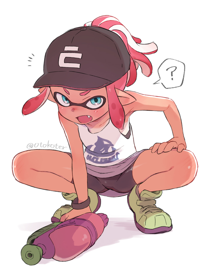 1girl ? arm_support armpits artist_name baseball_cap bike_shorts blue_eyes bracelet fang hat high_ponytail inkling jewelry light_blush looking_at_viewer open_mouth pink_hair pointy_ears ponytail shoes shorts shorts_under_skirt simple_background sneakers solo splatoon_(series) splattershot_(splatoon) spoken_question_mark squatting tan tank_top tanline tentacle_hair toku_(ke7416613) twitter_username undershirt white_background