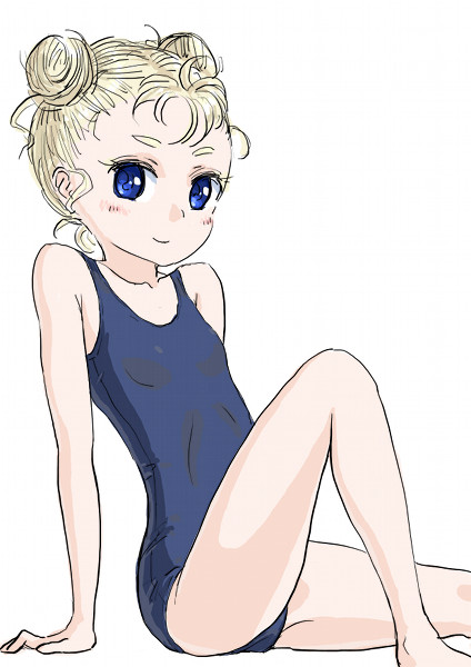 1girl arm_support bare_shoulders blonde_hair blue_eyes blush breasts child chrono_cross closed_mouth collarbone commentary_request double_bun eyebrows female from_side looking_at_viewer marcy_(chrono_cross) one-piece_swimsuit s-a-murai school_swimsuit short_eyebrows short_hair simple_background sitting small_breasts smile solo swimsuit white_background