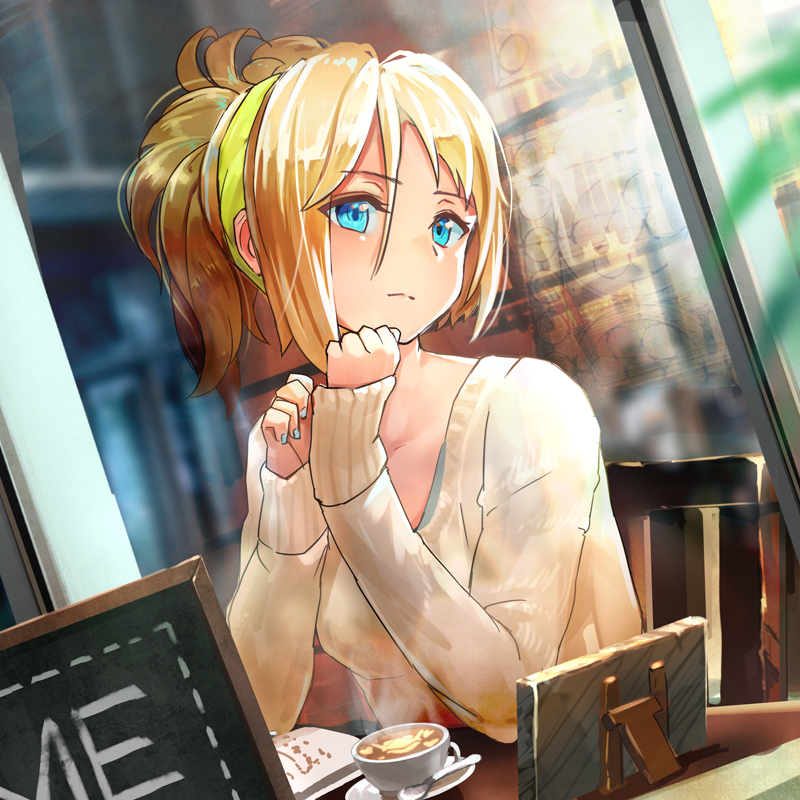 +15 1girl blonde_hair blue_eyes blue_nails collarbone hair_between_eyes long_hair mercy_(overwatch) nail_polish outdoors overwatch ponytail sitting solo sweater upper_body white_sweater