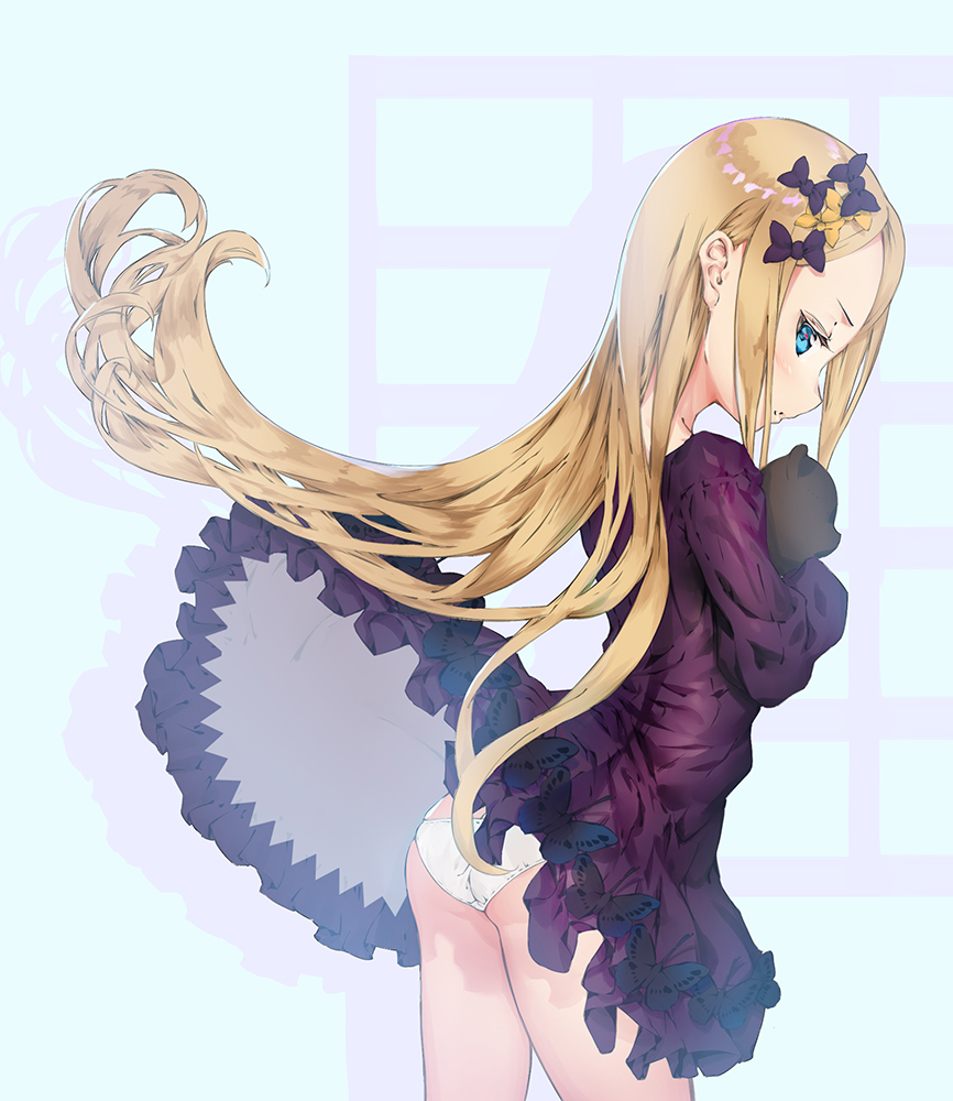 1girl abigail_williams_(fate/grand_order) ass bangs blonde_hair blue_eyes blush bow bug butterfly commentary_request dress dress_lift drop_shadow fate/grand_order fate_(series) floating_hair forehead hair_bow huanyan insect long_hair long_sleeves object_hug orange_bow panties parted_bangs parted_lips profile purple_bow purple_dress solo stuffed_animal stuffed_toy teddy_bear underwear very_long_hair white_panties