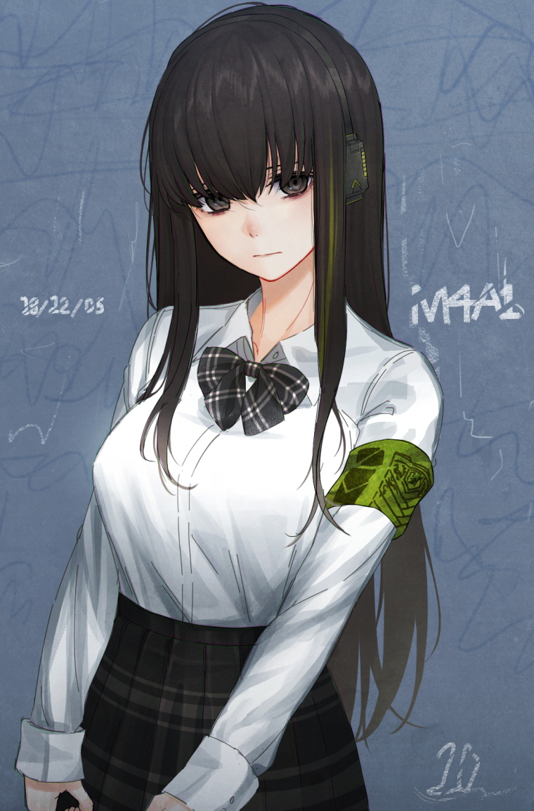 1girl armband bangs black_bow black_hair black_neckwear black_skirt blue_background bow bowtie breasts brown_eyes character_name closed_mouth collared_shirt cowboy_shot dated dress_shirt ear_protection expressionless girls_frontline green_hair long_hair long_sleeves m4a1_(girls_frontline) medium_breasts multicolored_hair plaid plaid_bow plaid_neckwear plaid_skirt shirt sidelocks signature skirt solo straight_hair streaked_hair ten_cws white_shirt