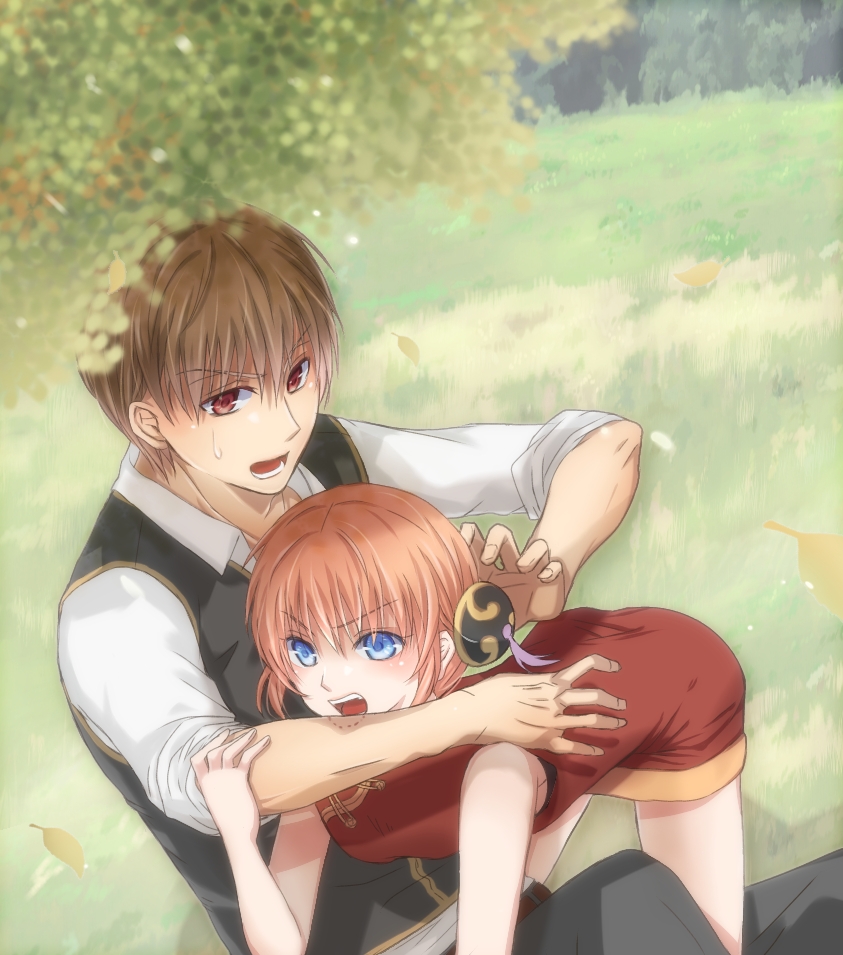 1boy 1girl all_fours bite_mark blue_eyes brown_hair day dress eyebrows_visible_through_hair gintama grey_pants grey_vest hair_bun izayoi_pkmn kagura_(gintama) okita_sougo open_mouth outdoors pants red_dress red_eyes shirt short_dress short_hair sitting sleeveless sleeveless_dress sweatdrop v-shaped_eyebrows vest white_shirt