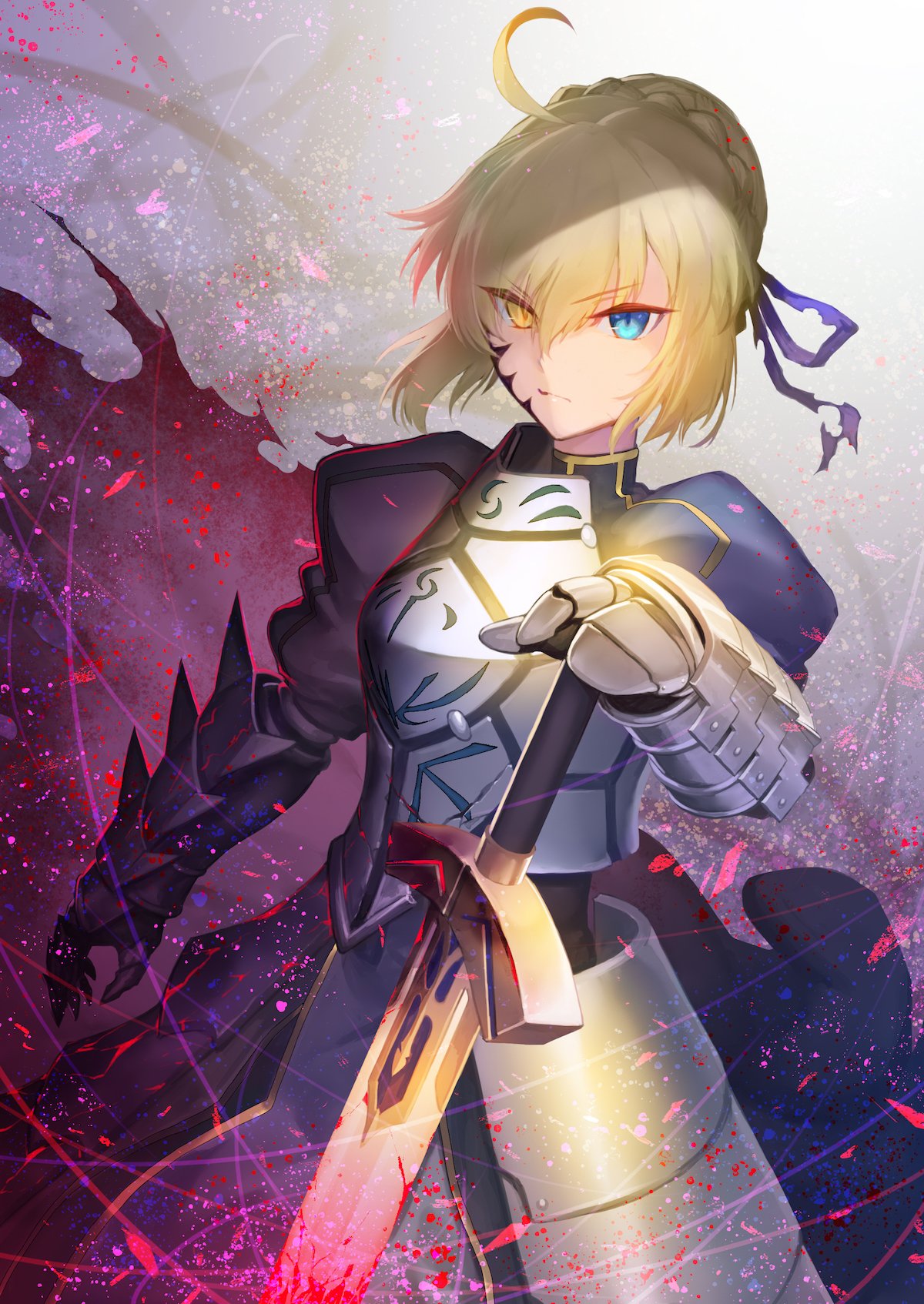 1girl ahoge armor armored_dress artoria_pendragon_(all) blonde_hair blue_eyes blue_ribbon braid closed_mouth commentary_request dark_persona excalibur eyebrows_visible_through_hair fate/grand_order fate_(series) faulds french_braid gauntlets hair_between_eyes hair_bun hair_ribbon highres holding holding_sword holding_weapon light_persona looking_at_viewer nkmr8 puffy_sleeves ribbon saber saber_alter sword torn_ribbon weapon yellow_eyes