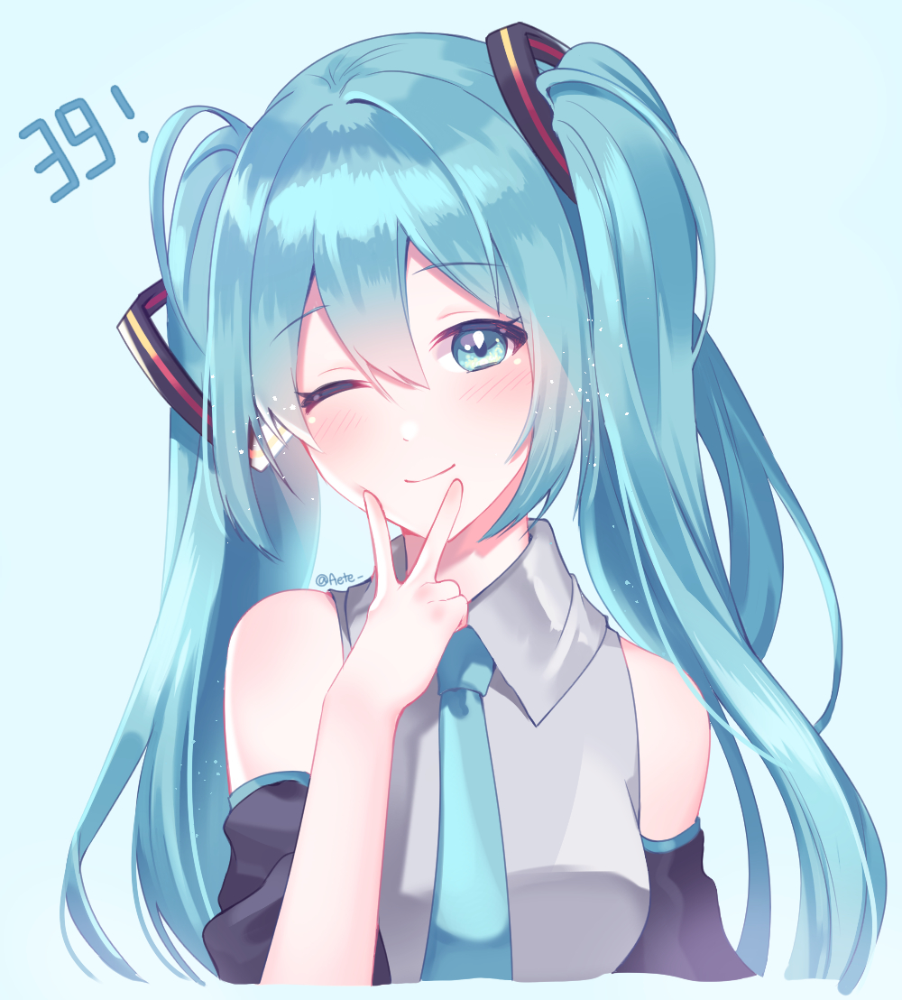 ! 1girl 39 aete black_sleeves blue_background blue_eyes blue_hair blue_neckwear cropped_torso detached_sleeves eyebrows_visible_through_hair floating_hair grey_shirt hair_between_eyes hair_ornament hatsune_miku head_tilt long_hair long_sleeves looking_at_viewer necktie shiny shiny_hair shirt simple_background sleeveless sleeveless_shirt smile solo twintails twitter_username upper_body v very_long_hair vocaloid