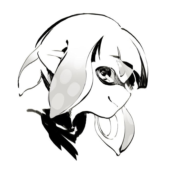 1girl bangs blunt_bangs closed_mouth domino_mask inkling mask monochrome pointy_ears shimidu_sp short_hair simple_background smile solo splatoon splatoon_(series) splatoon_2 suction_cups tentacle_hair white_background