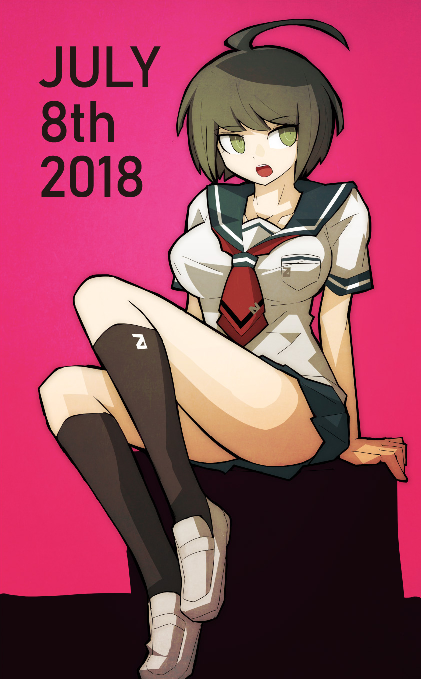 1girl ahoge bare_arms black_legwear breasts brown_eyes brown_hair collarbone commentary_request dangan_ronpa dated dot_nose eyebrows_visible_through_hair highres large_breasts looking_to_the_side miniskirt naegi_komaru necktie open_mouth pink_background pleated_skirt red_neckwear ryuukotsu school_uniform serafuku shirt shoes short_hair short_sleeves sitting skirt solo thigh-highs white_footwear white_shirt zettai_zetsubou_shoujo