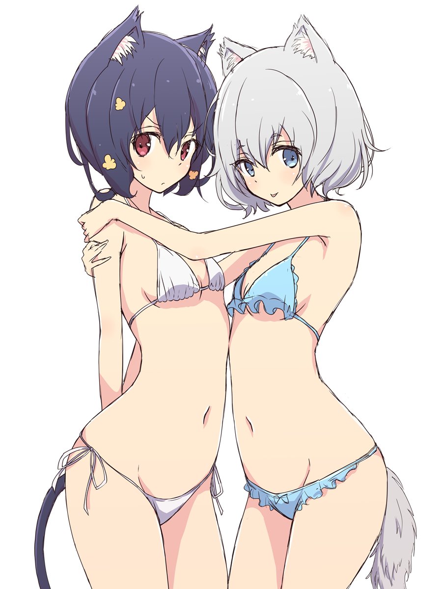 2girls :p animal_ears bare_shoulders bikini blush breasts cat_ears hands_on_another's_shoulders highres konno_junko looking_at_viewer mel_(melty_pot) mizuno_ai multiple_girls navel side-tie_bikini sideboob small_breasts sweatdrop swimsuit tongue tongue_out under_boob zombie_land_saga