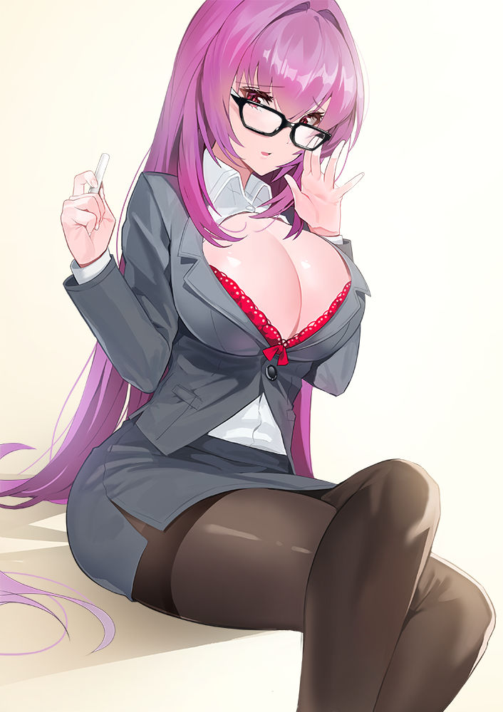 1girl adjusting_eyewear alternate_costume artist_name bespectacled bra breasts chalk cleavage damda dress_shirt fate/grand_order fate_(series) formal glasses gradient gradient_background hair_intakes lace lace-trimmed_bra large_breasts legs legs_crossed long_hair long_sleeves looking_at_viewer open_clothes open_mouth open_shirt pantyhose purple_hair red_bra red_eyes scathach_(fate)_(all) scathach_(fate/grand_order) shirt side_slit sitting skirt skirt_suit suit teacher thighband_pantyhose thighs underwear