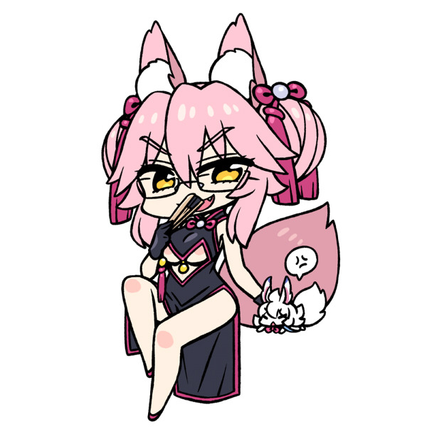 1girl :d animal_ear_fluff animal_ears black_dress chan_co chibi commentary_request dress eyebrows_visible_through_hair fang fate/grand_order fate_(series) fox_ears fox_tail full_body glasses grin hair_ribbon invisible_chair koyanskaya looking_at_viewer open_mouth pelvic_curtain pink_footwear pink_hair pink_ribbon ribbon semi-rimless_eyewear shoes sitting smile solo tail tassel twintails under-rim_eyewear yellow_eyes