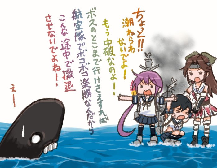 3girls akebono_(kantai_collection) bell black_hair bow brown_hair comic commentary_request elbow_gloves flower gloves hair_bell hair_bow hair_flower hair_intakes hair_ornament headband i-class_destroyer jintsuu_(kantai_collection) kantai_collection long_hair multiple_girls open_mouth otoufu outstretched_arms pleated_skirt purple_hair remodel_(kantai_collection) rigging school_uniform serafuku shinkaisei-kan shirt short_sleeves side_ponytail skirt sleeveless sleeveless_shirt smoke spread_arms squatting standing standing_on_liquid sweatdrop thigh-highs translation_request ushio_(kantai_collection)